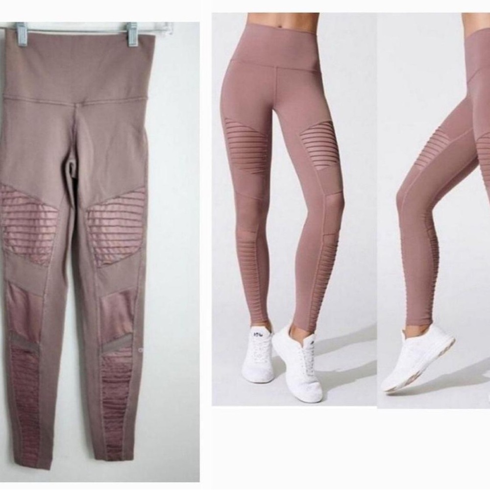 ALO Yoga Pink High-Waisted Leggings with Ribbed Moto Panels